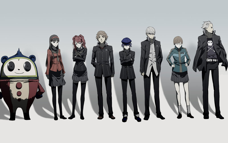 Anime Characters Standing — Gray, Neutral, Panda-like Robot