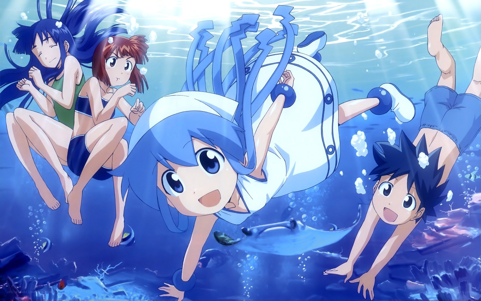 anime characters swimming underwater
