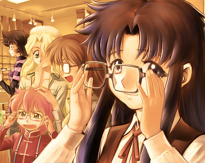 anime characters trying on glasses
