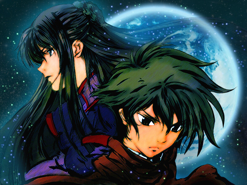 Anime characters under a planet