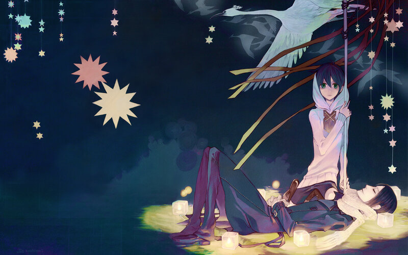 Anime characters under a starry sky