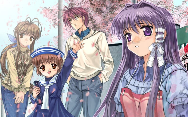 Anime characters under cherry blossoms