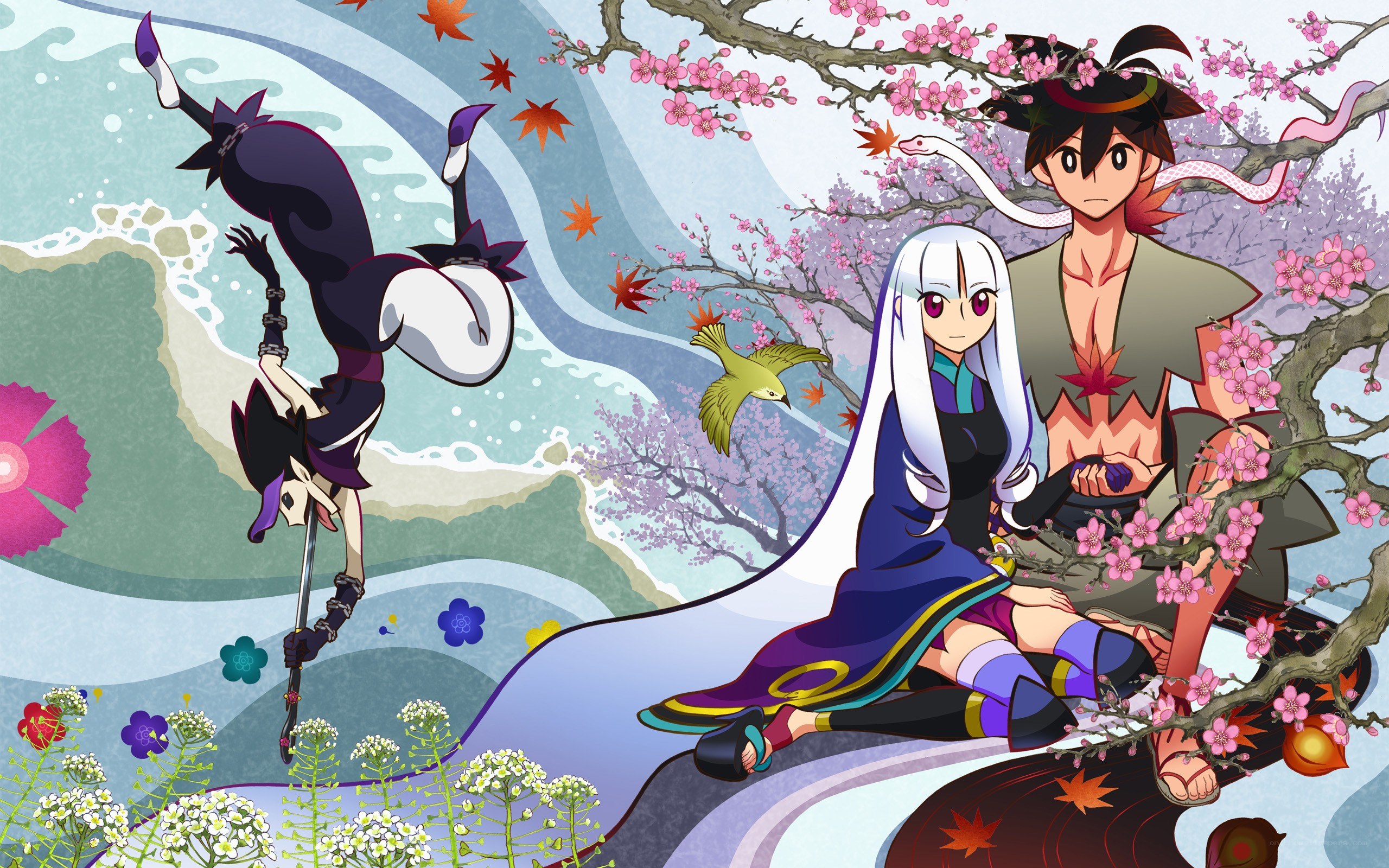 Anime characters under cherry blossoms