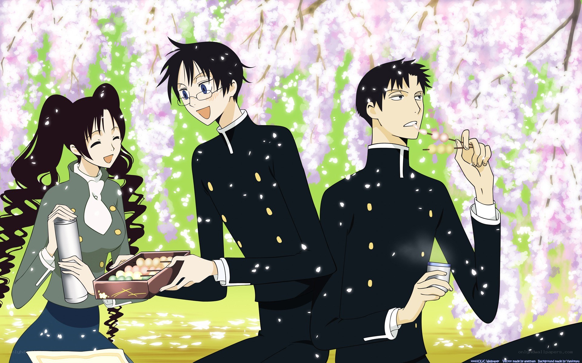 Anime characters under cherry blossoms
