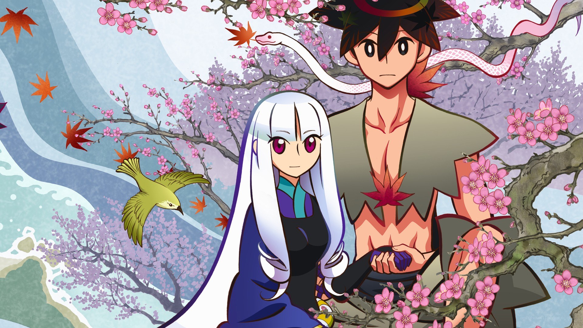 anime characters under cherry blossoms
