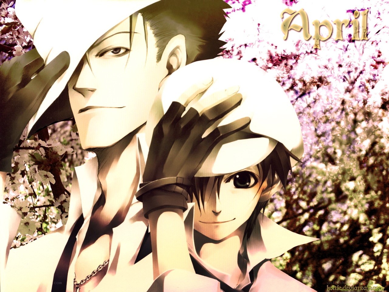 Anime characters under cherry blossoms