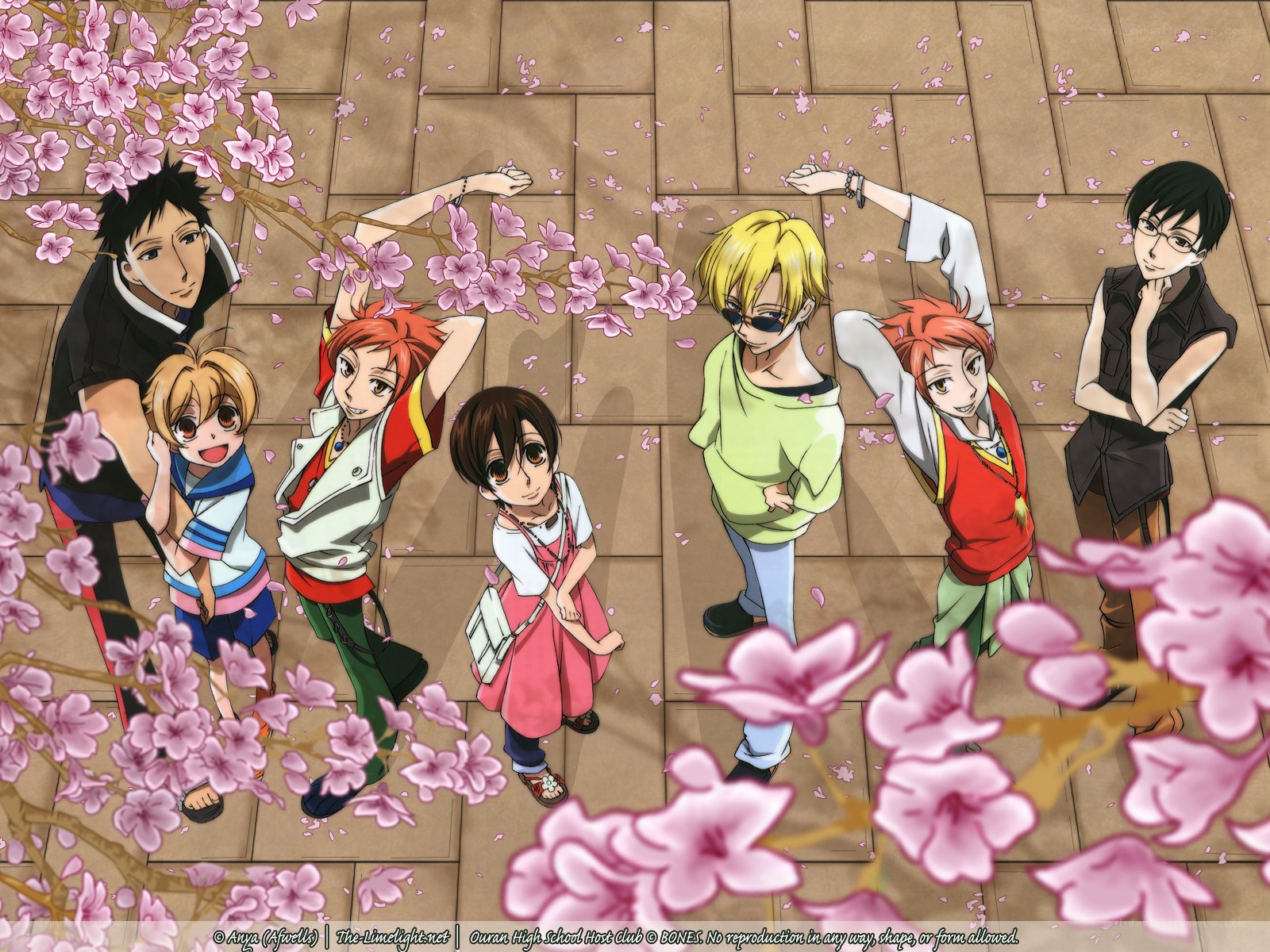 Anime characters under cherry blossoms