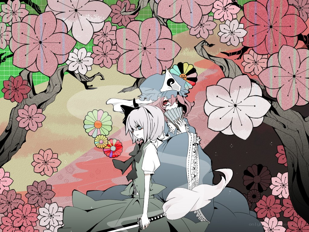 Anime characters under cherry blossoms