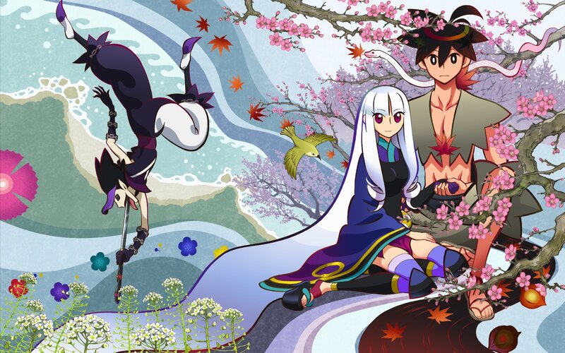 Anime characters under cherry blossoms