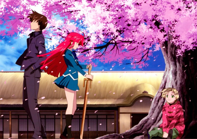 Anime characters under cherry blossoms