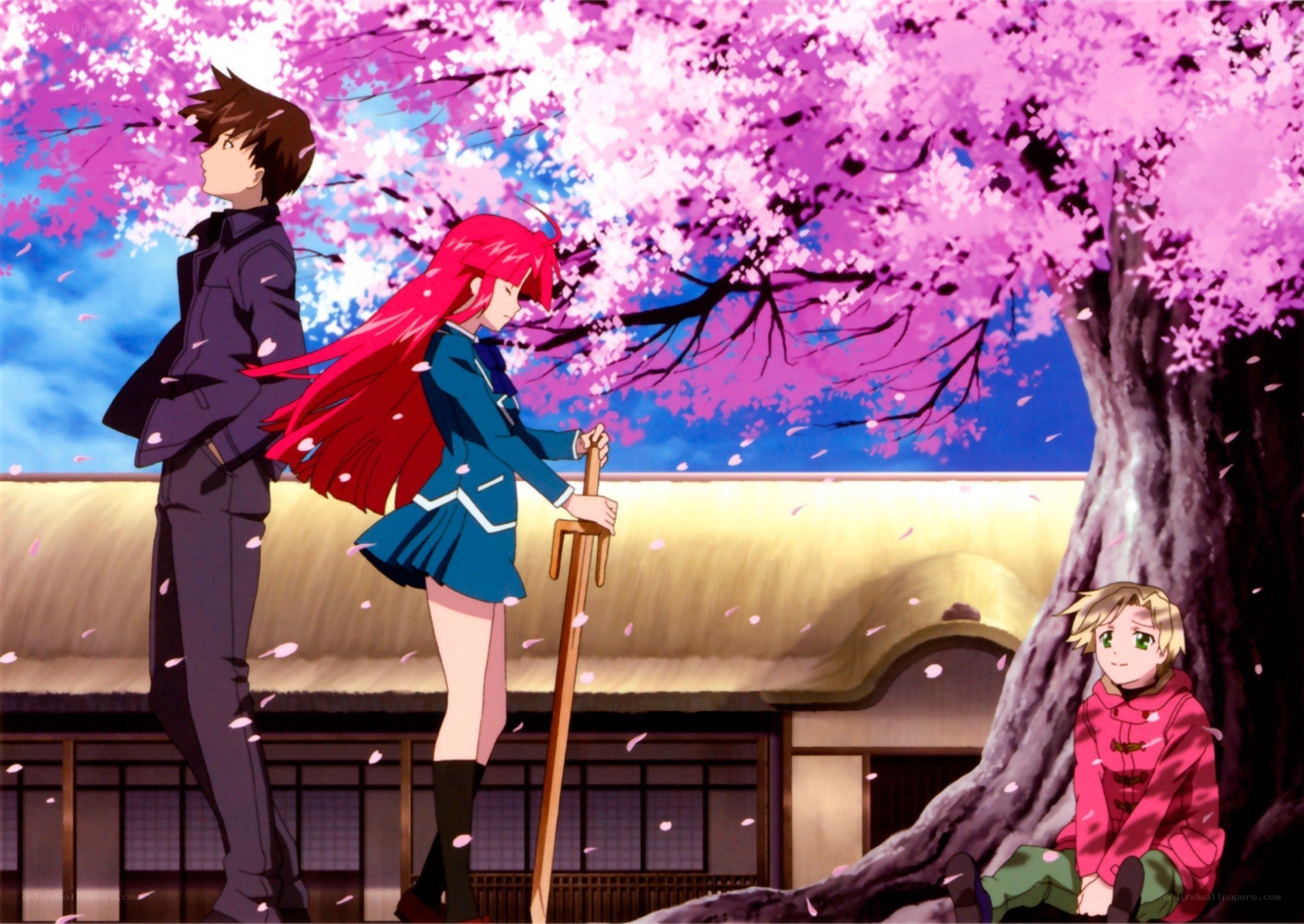 Anime characters under cherry blossoms
