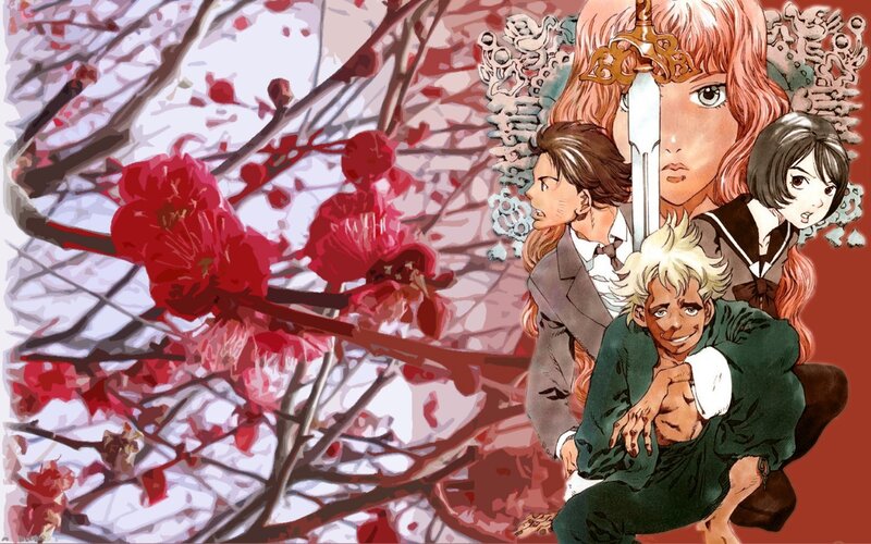 Anime characters under cherry blossoms