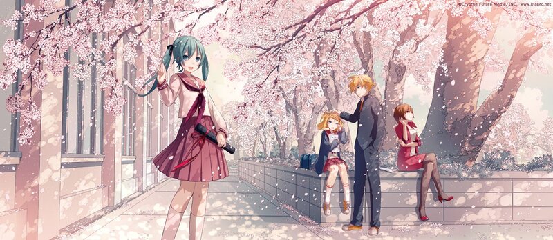Anime Characters under Cherry Blossoms — Pink, Serene, Spring, Digital Art, Cherry Blossoms