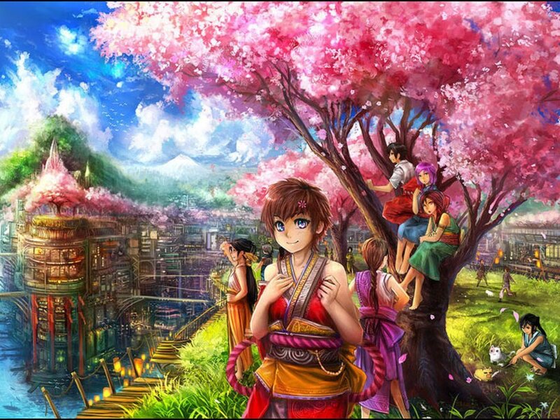 Anime Characters under Cherry Blossoms — Pink, Serene