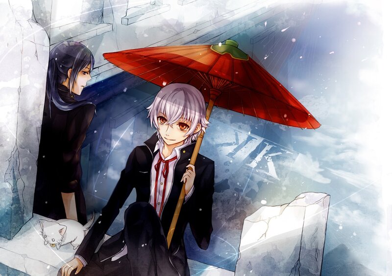 Anime characters under red umbrella