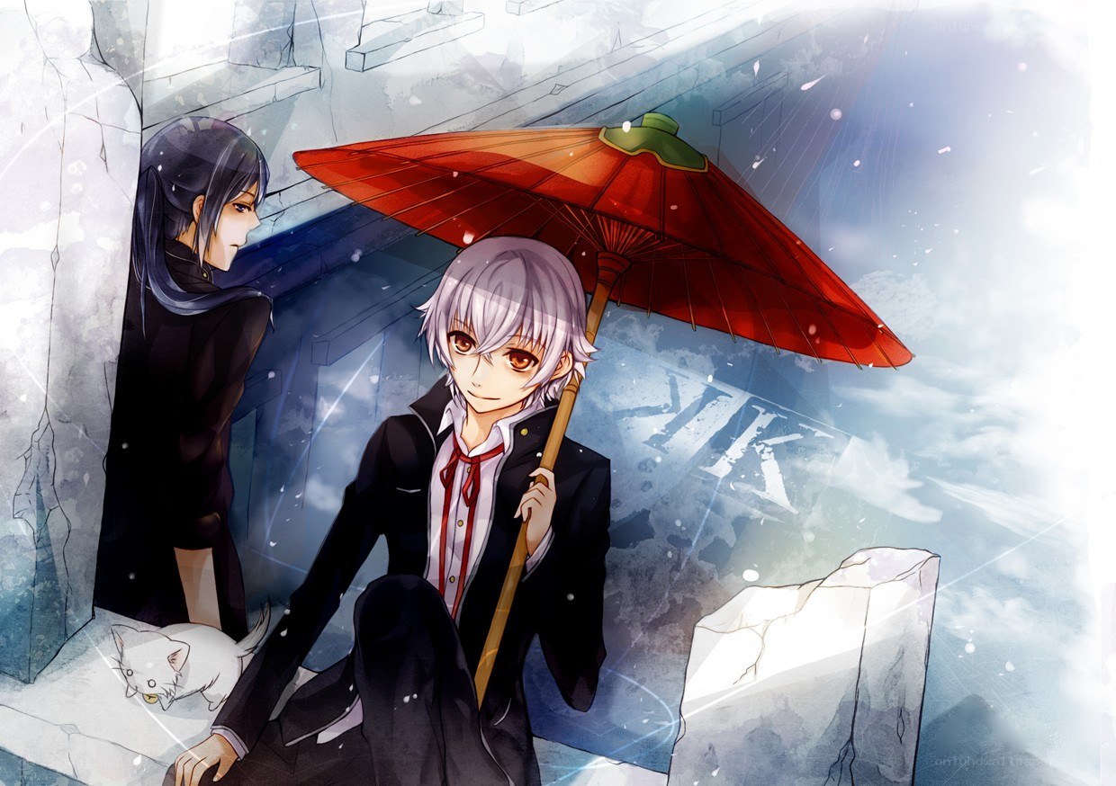 Anime characters under red umbrella