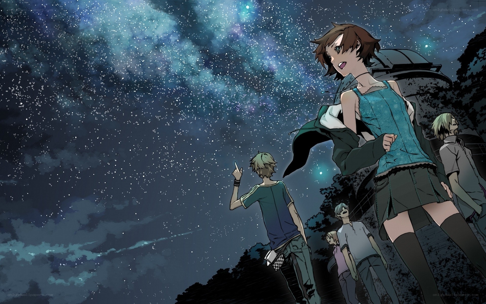anime characters under starry sky