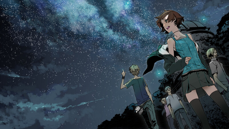 Anime Characters under Stars — Blue, Serene, Night, Night Sky