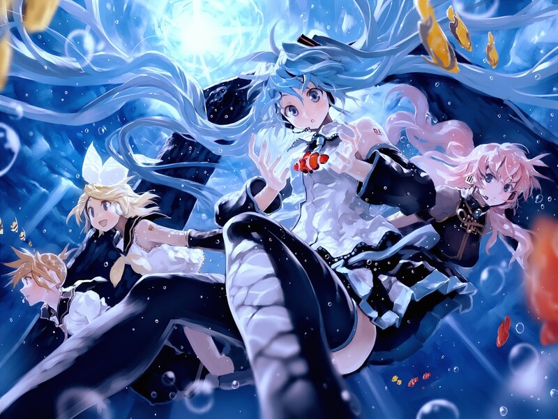 Anime Characters Underwater — Blue, Dynamic, Digital Art