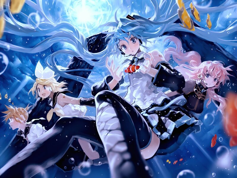 Anime Characters Underwater — Blue, Serene, Digital Art