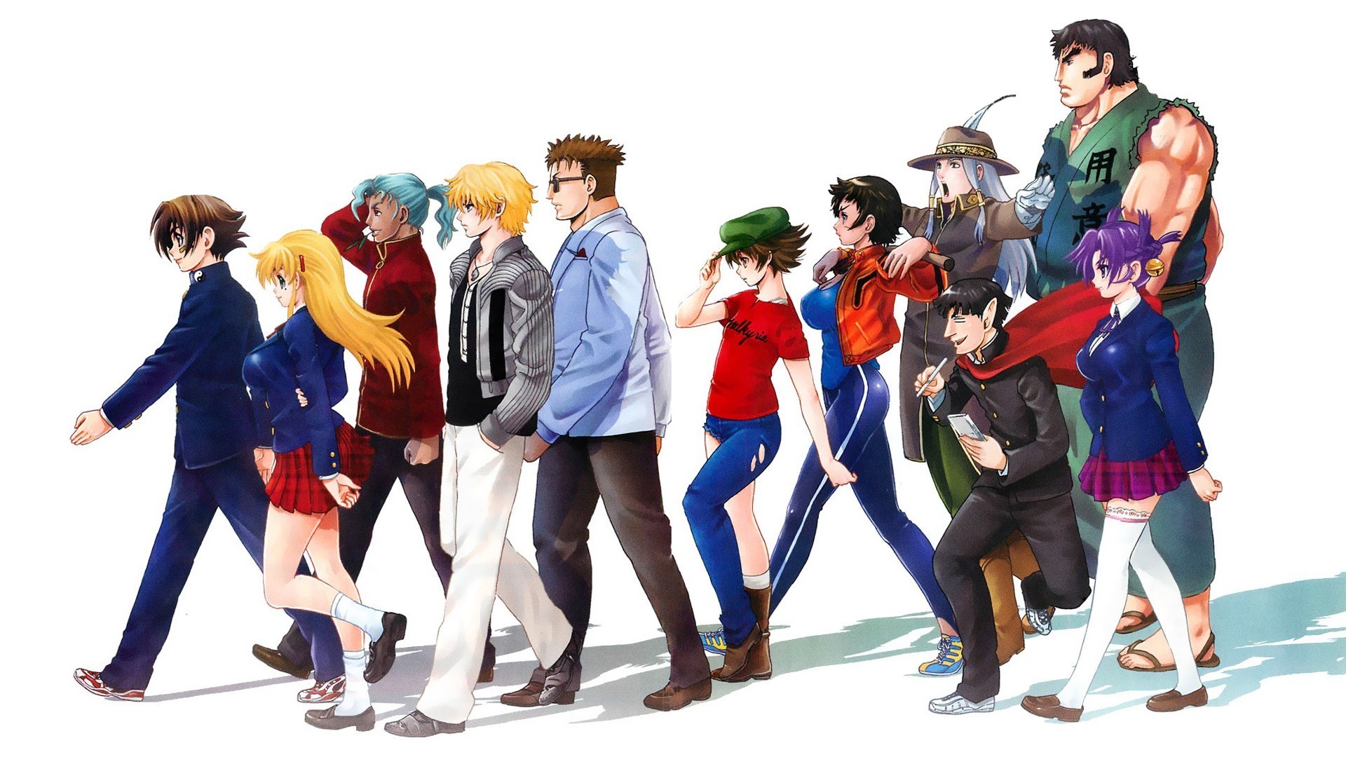 anime characters walking in a line
