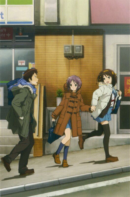 anime characters walking on sidewalk