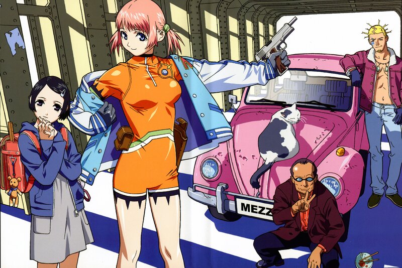 Anime characters with a pink car