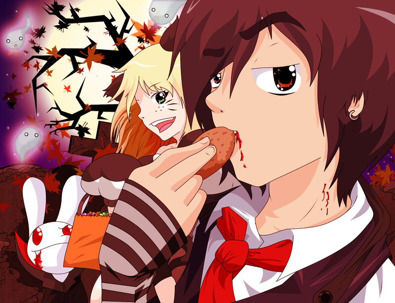 Anime characters with blood and ghosts
