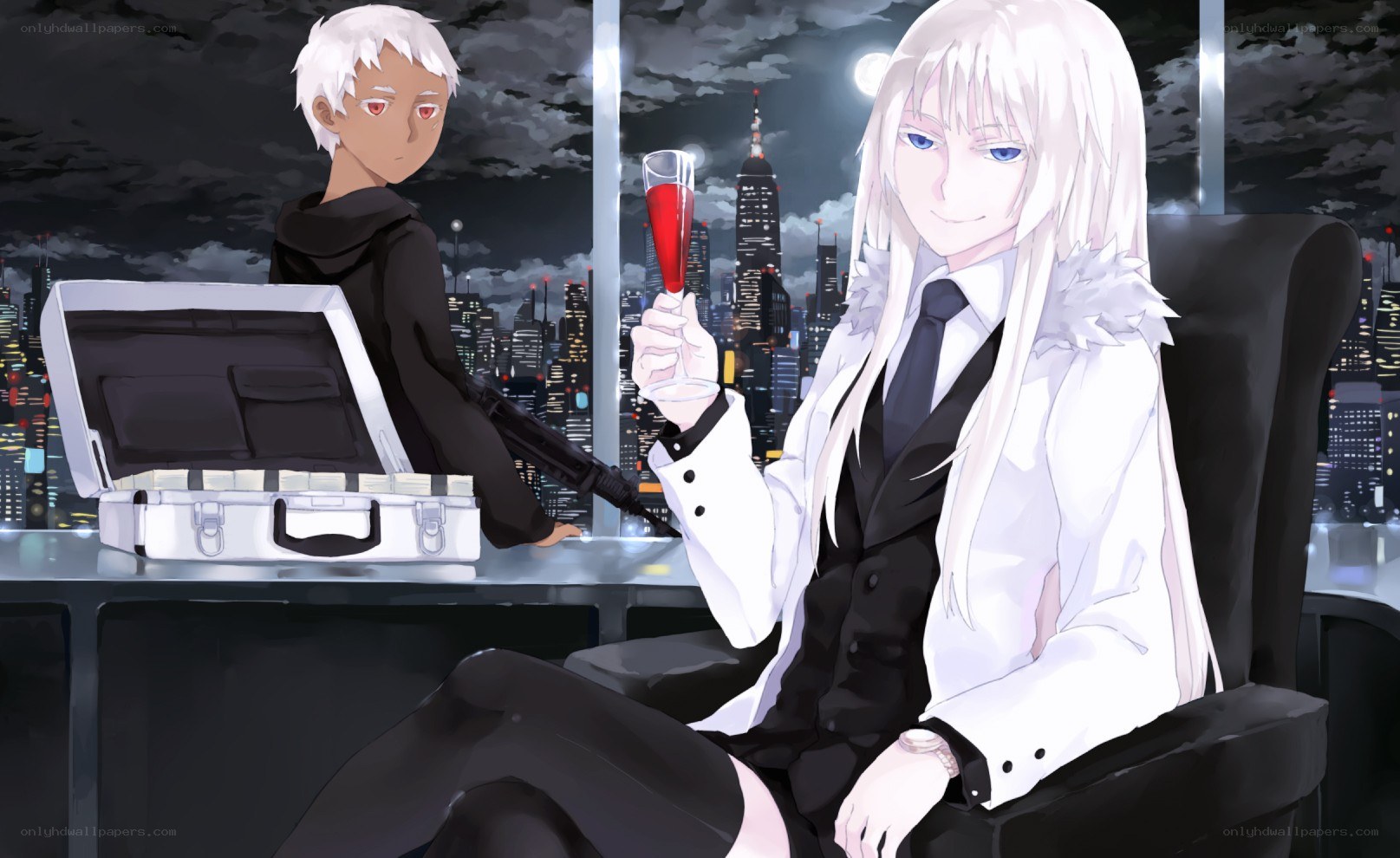 Anime characters with briefcase and wine