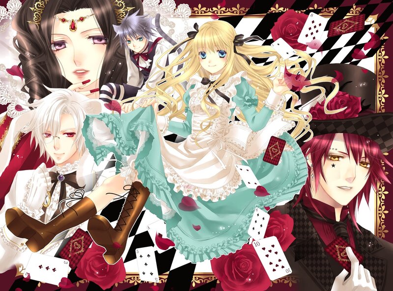 Anime Characters with Cards — Red, Dramatic, Playing Cards, Roses