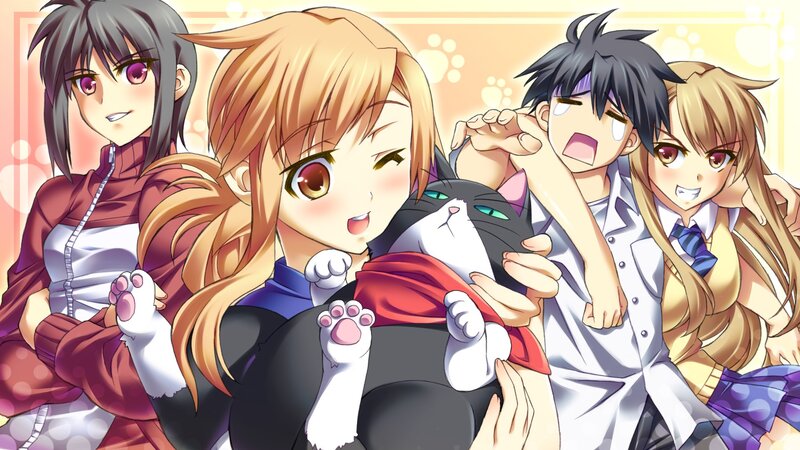 Anime Characters with Cat — Yellow, Playful, School Uniform