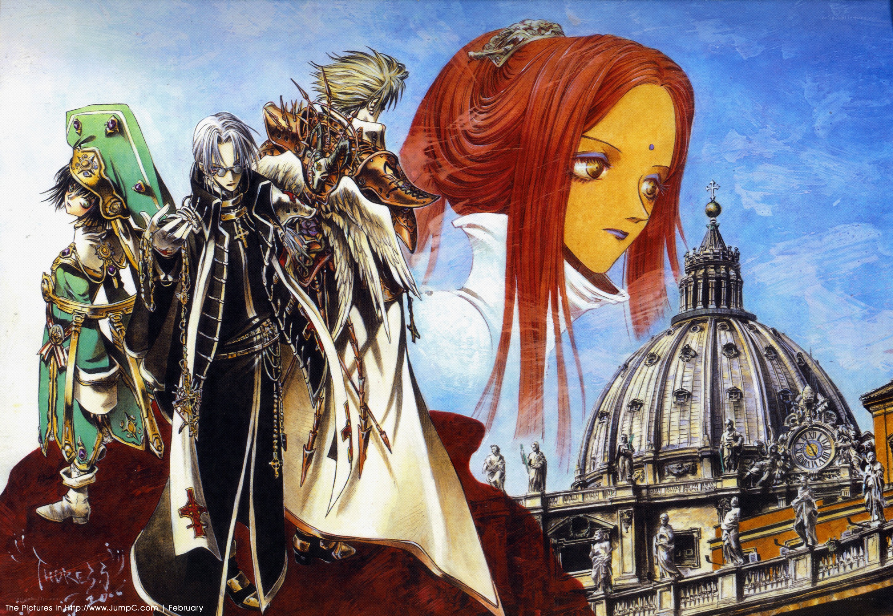 anime characters with cathedral backdrop