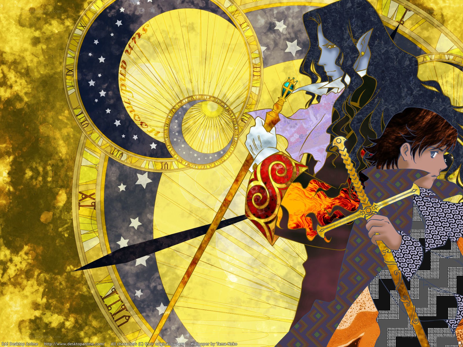 Anime characters with celestial background