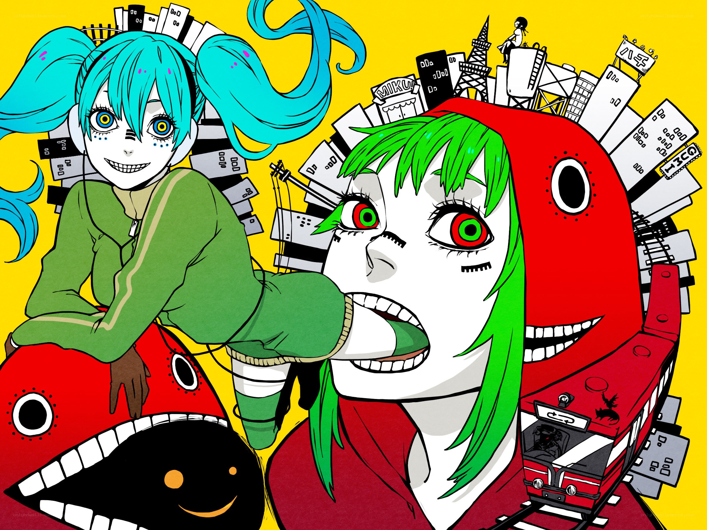 Anime characters with city backdrop