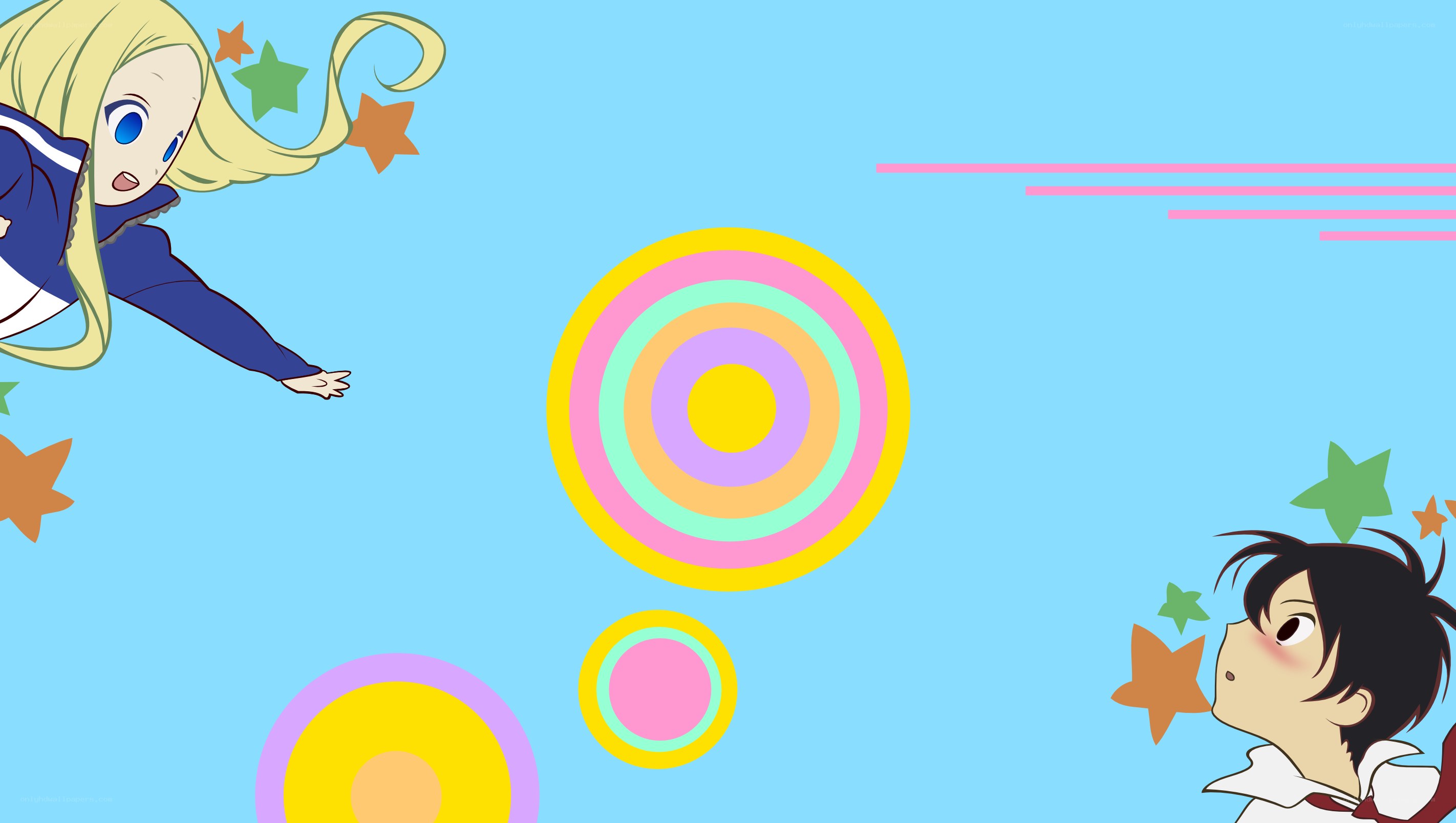 anime characters with colorful circles