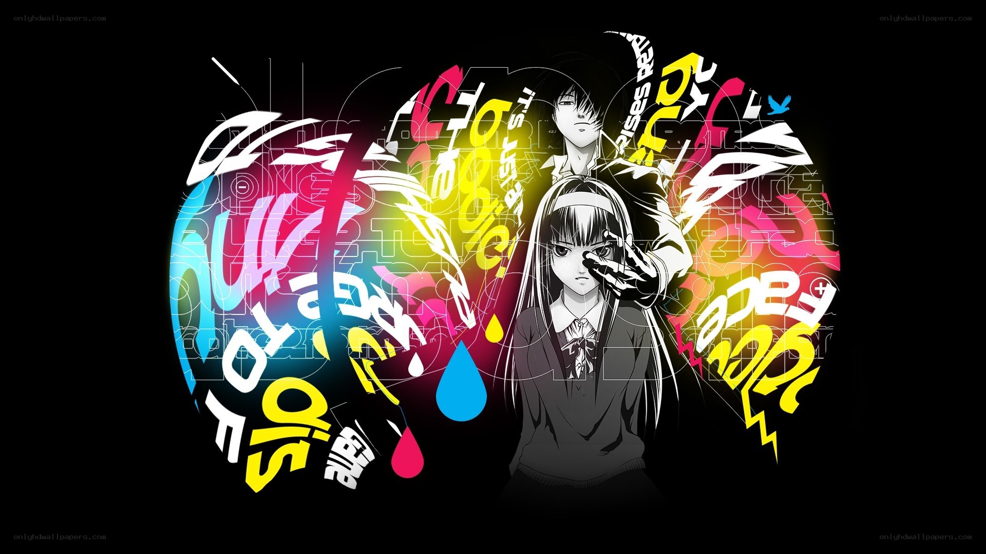 anime characters with colorful text