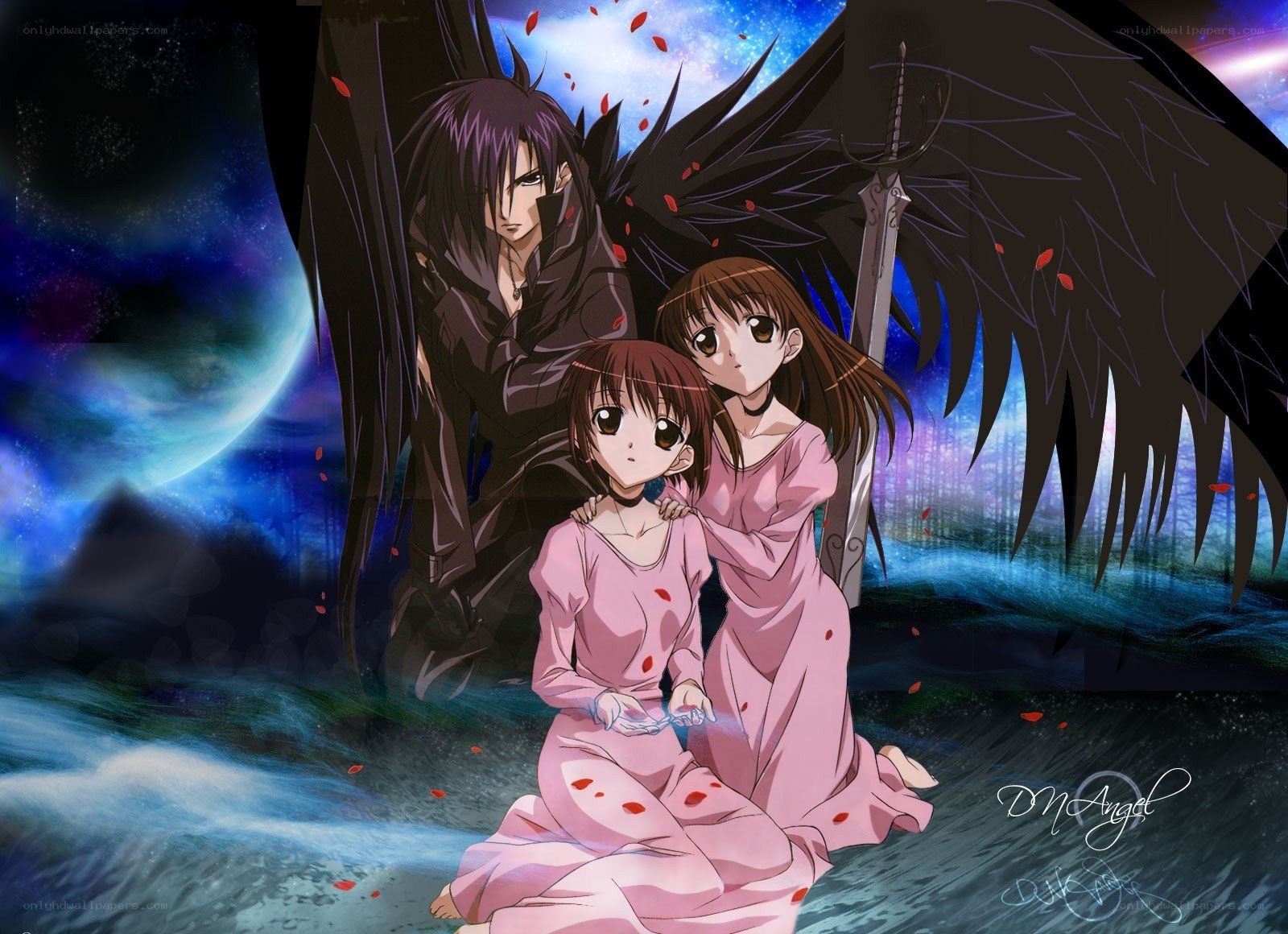 Anime characters with dark wings