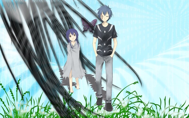 Anime characters with dark wings