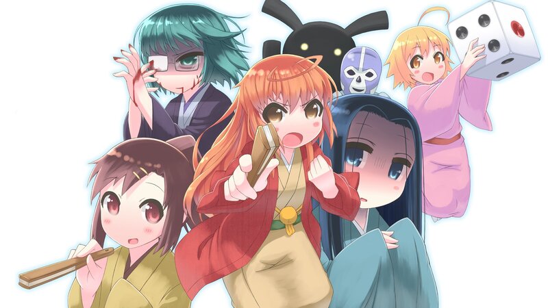 Anime characters with dice and cards