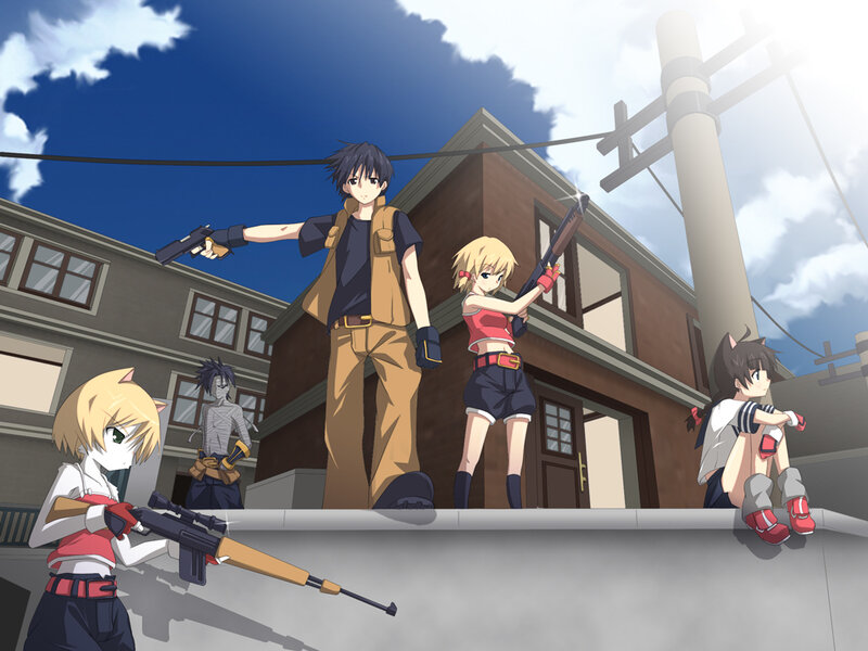 Anime characters with firearms on rooftop