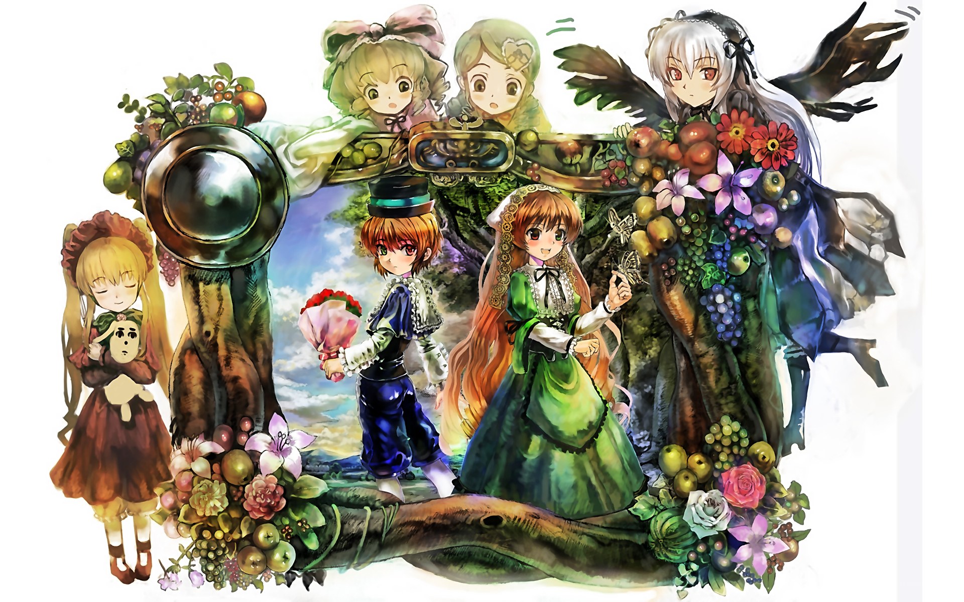 anime characters with flowers and fruit