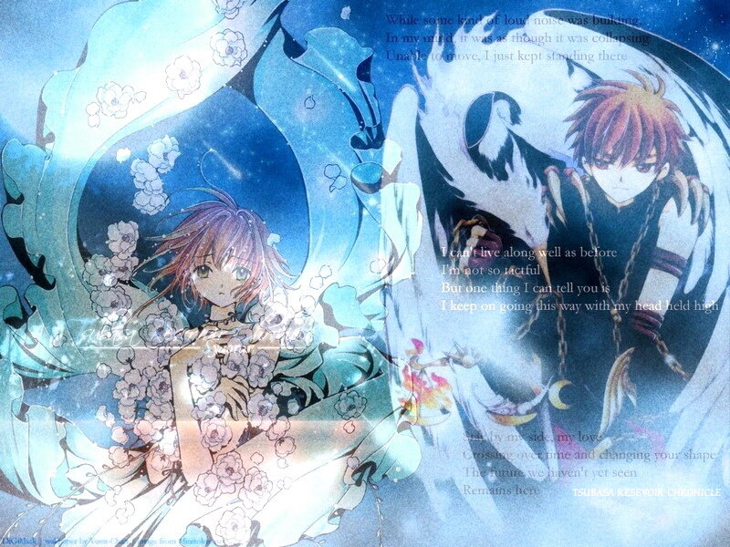 Anime characters with flowers and text