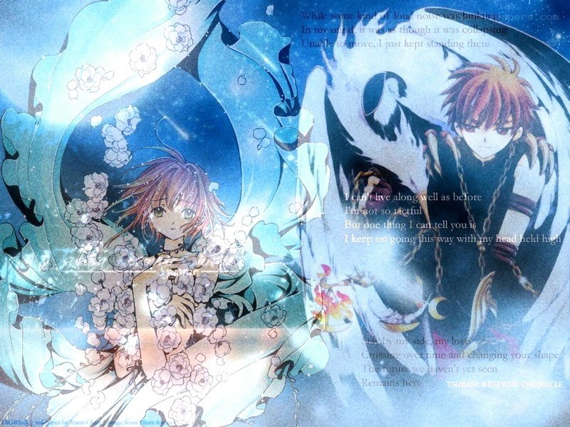 Anime characters with flowers and text