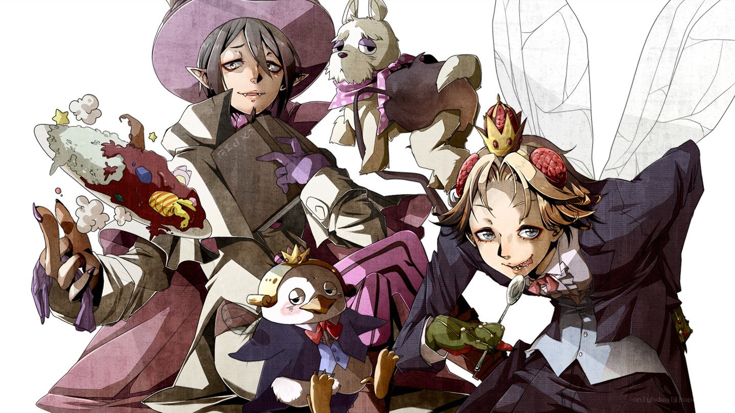 anime characters with food and animals