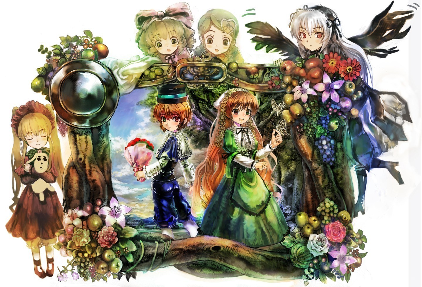 anime characters with fruit and flowers