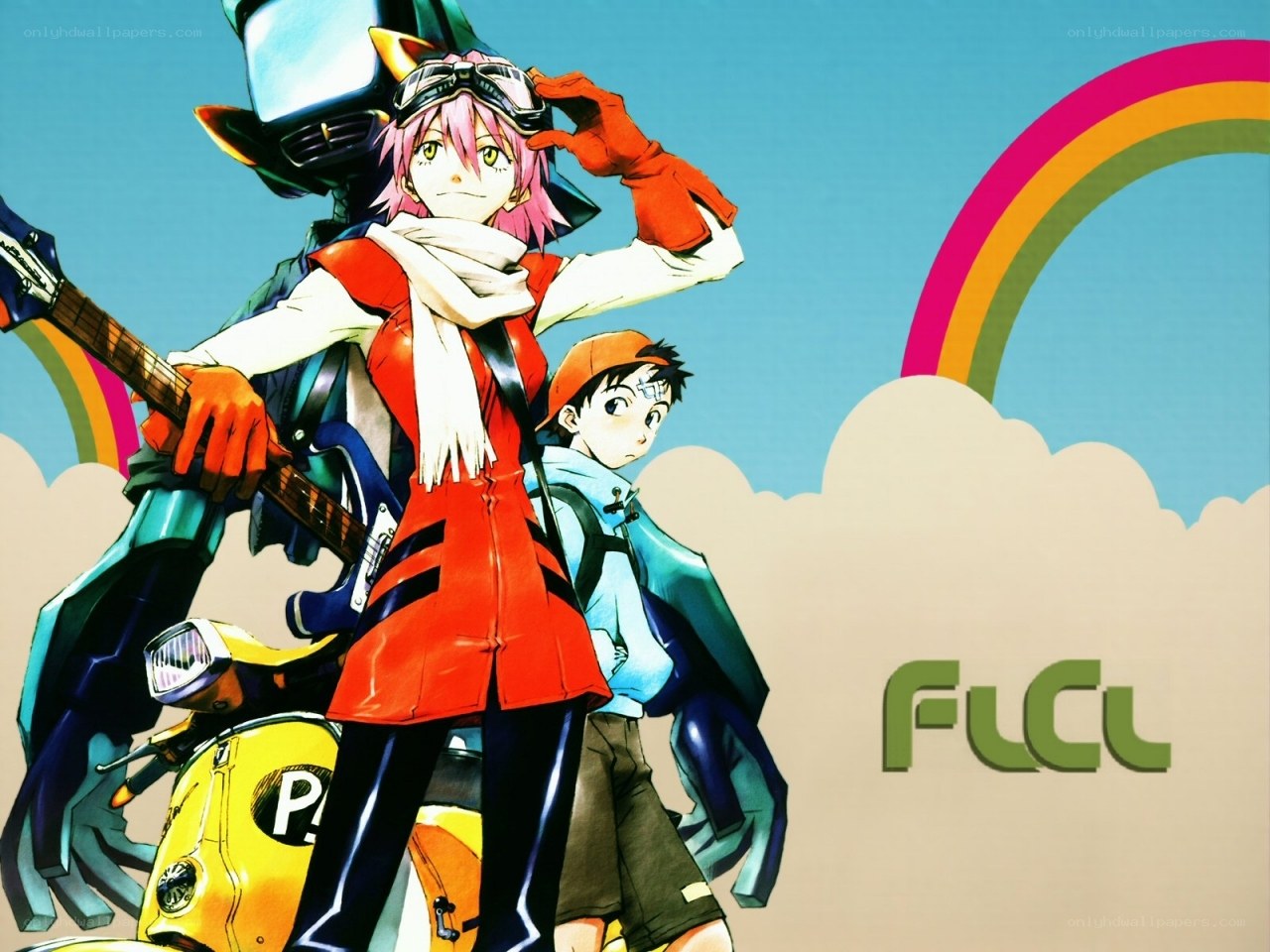 Anime characters with guitar and motorcycle