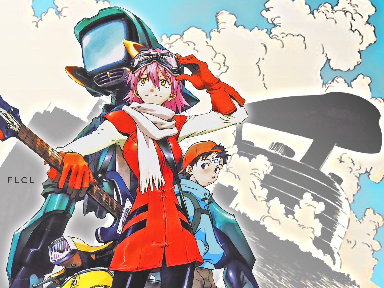 anime characters with guitar and robot