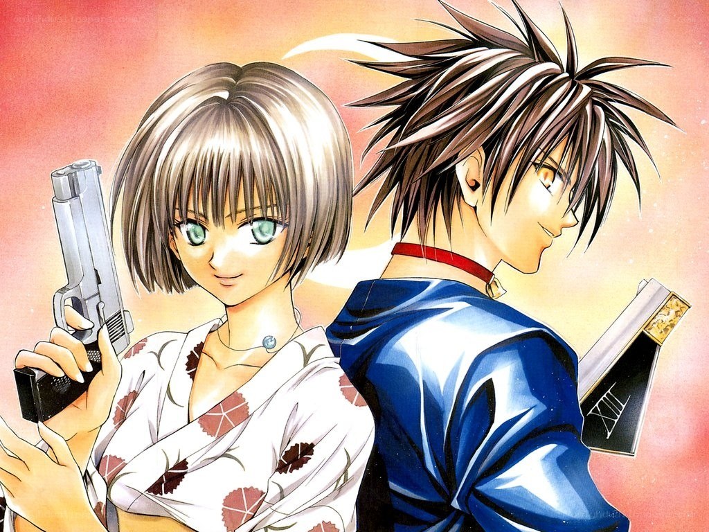 Anime characters with gun and book
