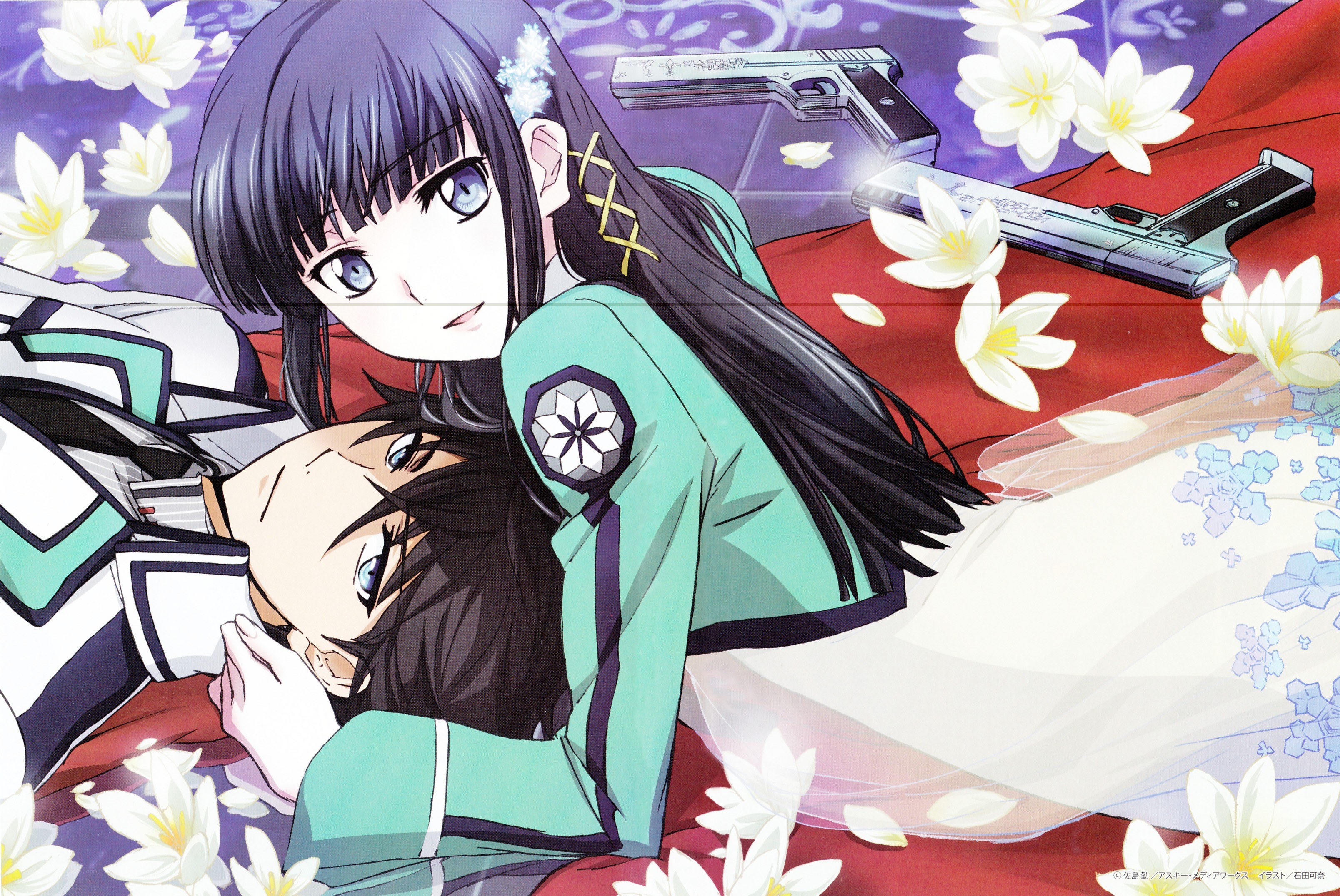 Anime characters with guns and flowers