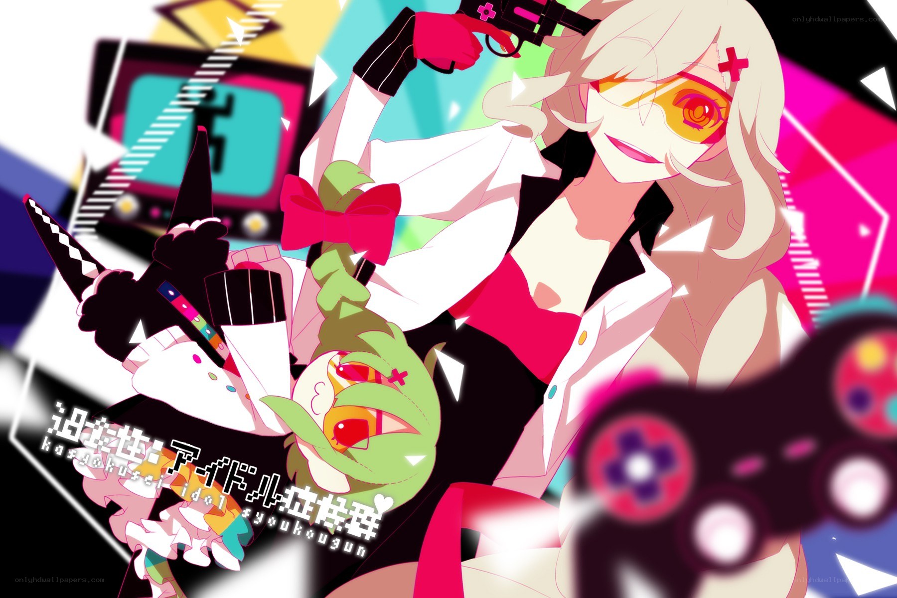 Anime characters with guns and game controllers
